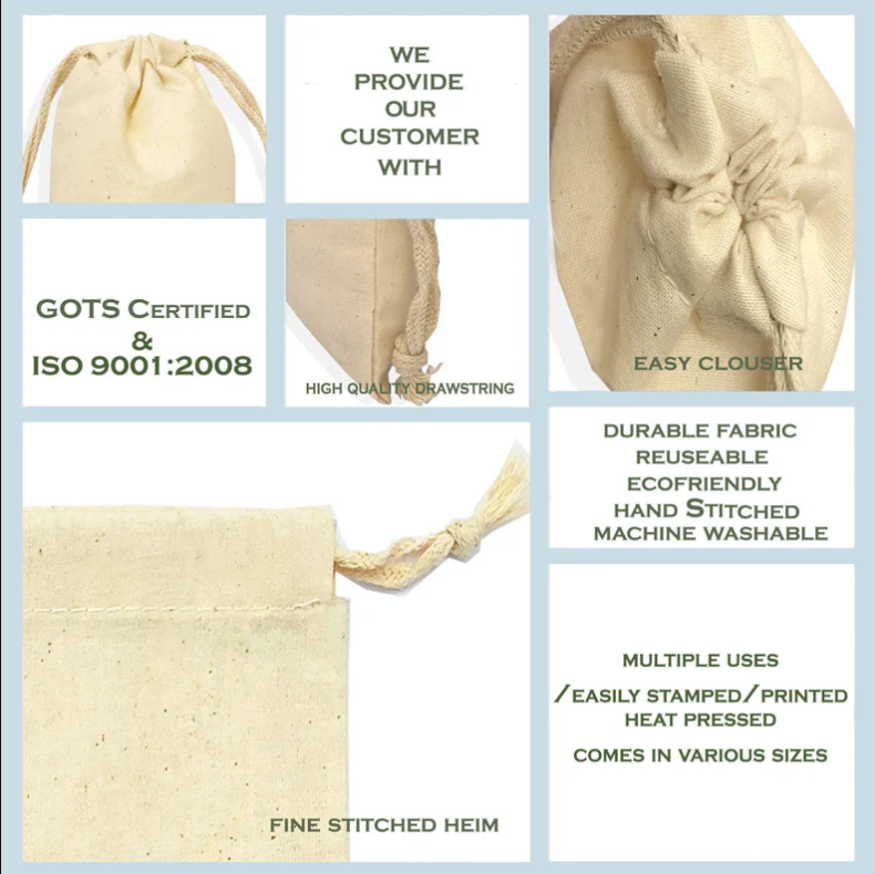 4" X 6" 100% Organic Cotton, Biodegradable and Reusable Premium Quality Muslin Double Drawstring Bags
